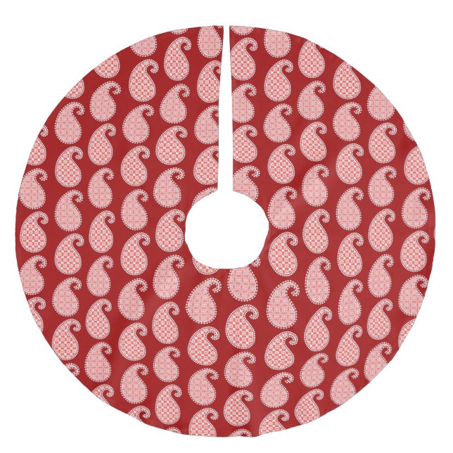Paisley mönster, djupt rött och vitt julgransmatta borstad polyester (Framsidan)