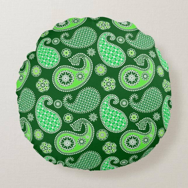 Paisley mönster, Emerald and Jade Grönt Rund Kudde (Framsidan)