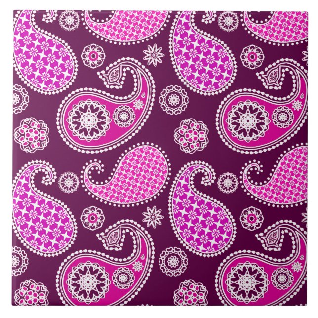 Paisley mönster, fuchsia rosa, lila och vitt kakelplatta (Framsidan)