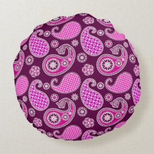 Paisley mönster, fuchsia rosa, lila och vitt rund kudde