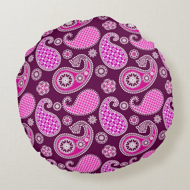 Paisley mönster, fuchsia rosa, lila och vitt rund kudde (Baksidan)