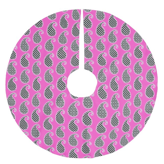 Paisley mönster, fuchsia rosa, svartvitt julgransmatta borstad polyester (Framsidan)