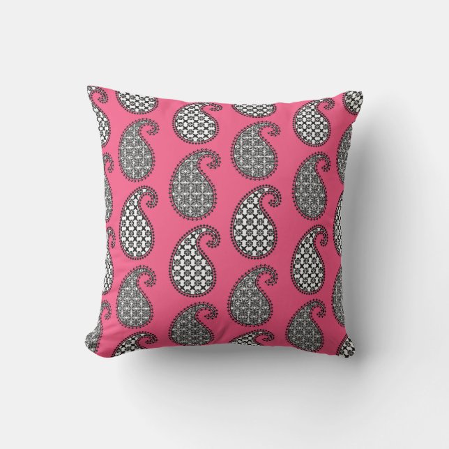 Paisley mönster, fuchsia rosa, svartvitt kudde (Framsida)