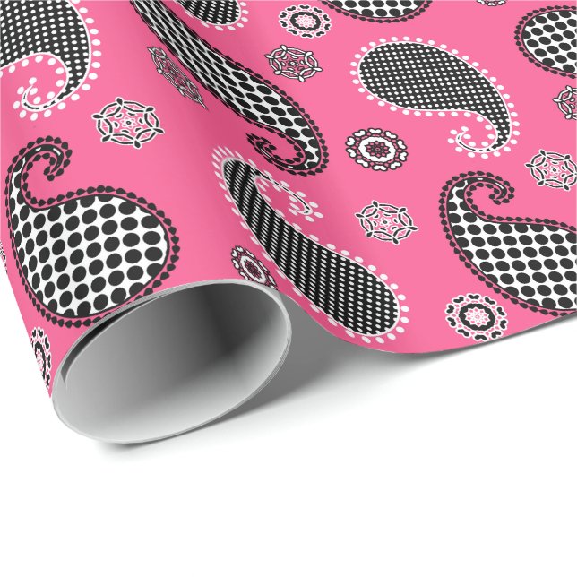 Paisley mönster, fuchsia rosa, svartvitt presentpapper (Rullad Hörn)