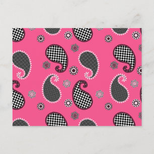Paisley mönster, fuchsia rosa, svartvitt vykort