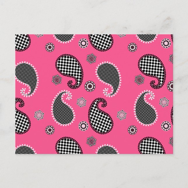 Paisley mönster, fuchsia rosa, svartvitt vykort (Framsida)