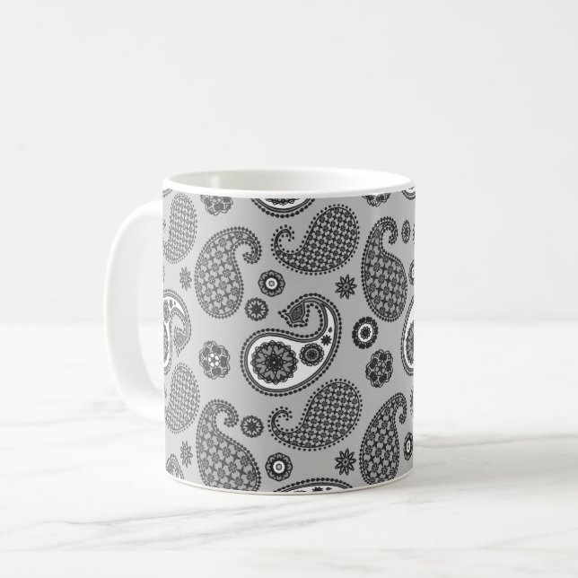 Paisley Mönster, Grått, Black and White Kaffemugg (Framsida vänster)