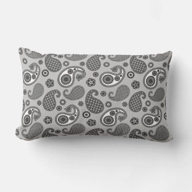 Paisley Mönster, Grått, Black and White Lumbarkudde (Framsida)