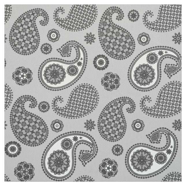 Paisley Mönster, Grått, Black and White Tyg (Provkarta)