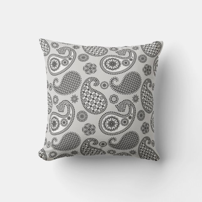 Paisley mönster, grått-, svartvitt-, svartvitt kudde (Framsida)