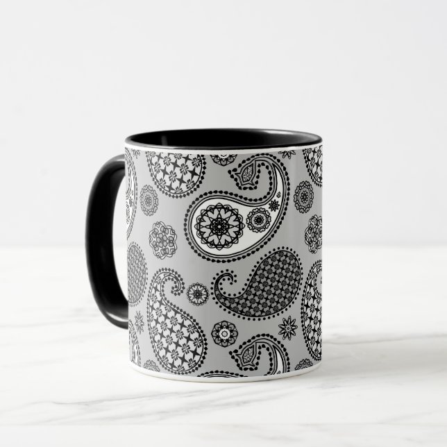 Paisley mönster, grått-, svartvitt-, svartvitt mugg (Framsida vänster)