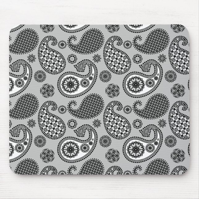 Paisley mönster, grått-, svartvitt-, svartvitt musmatta (Framsidan)