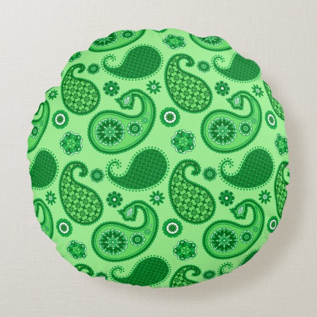 Paisley Mönster, Jade och Emerald Grönt Rund Kudde (Framsidan)