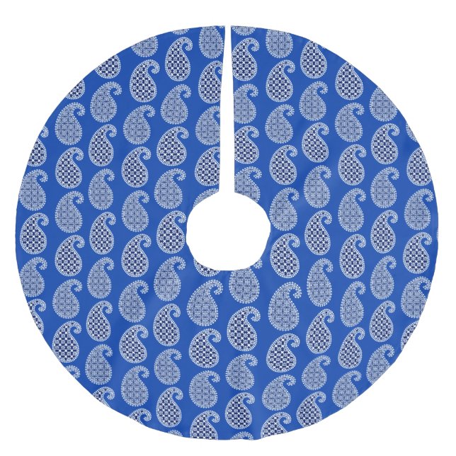 Paisley mönster, koboltblått och vitt julgransmatta borstad polyester (Framsidan)
