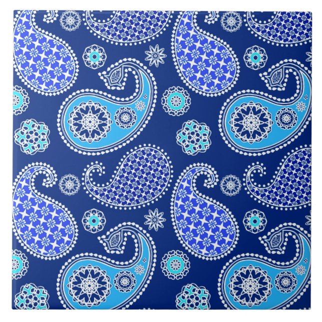 Paisley mönster, koboltblått och vitt kakelplatta (Framsidan)