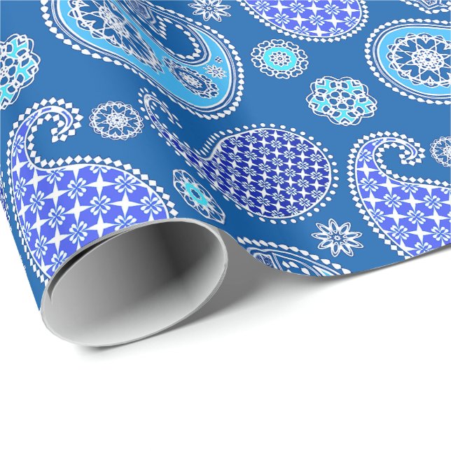 Paisley mönster, koboltblått och vitt presentpapper (Rullad Hörn)