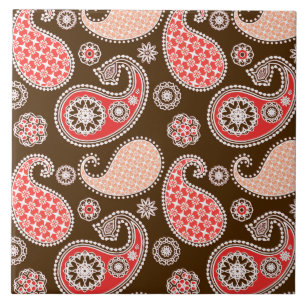 Paisley mönster, korall och chokladbrun kakelplatta