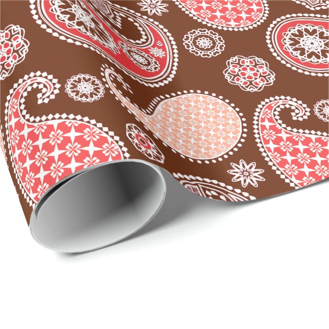 Paisley mönster, korall och chokladbrun presentpapper (Rullad Hörn)