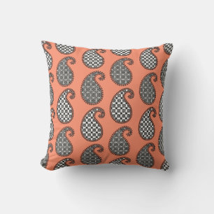Paisley mönster, korall orange, svart och vitt utomhuskudde