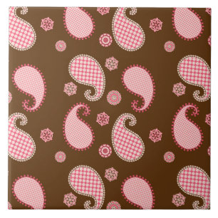 Paisley mönster, korall rosa och chokladbrun  kakelplatta