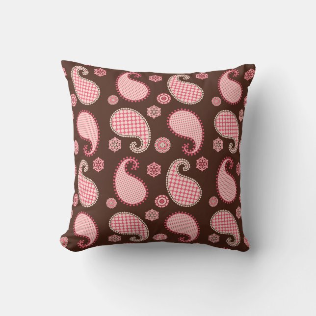 Paisley mönster, korall rosa och chokladbrun  kudde (Framsida)