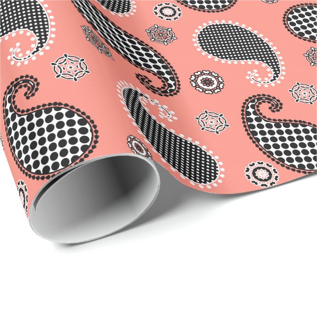 Paisley mönster, korall rosa, svart och vitt presentpapper (Rullad Hörn)