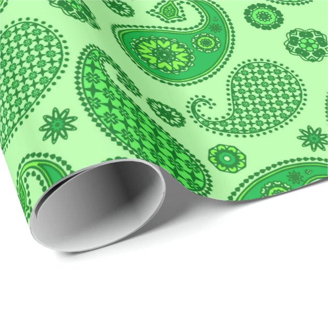 Paisley Mönster, Lime and Emerald Grönt Presentpapper (Rullad Hörn)