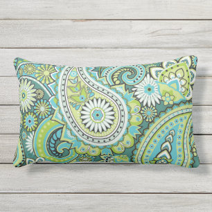 Paisley Mönster Lime Grön Turkos Utomhus Lumbarkudde