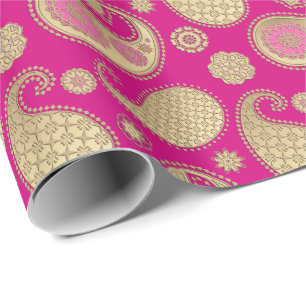 Paisley mönster, mjukt guld på djupa Fuchsia ros Presentpapper