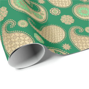 Paisley mönster, mjukt guld på smaragdgrönt presentpapper