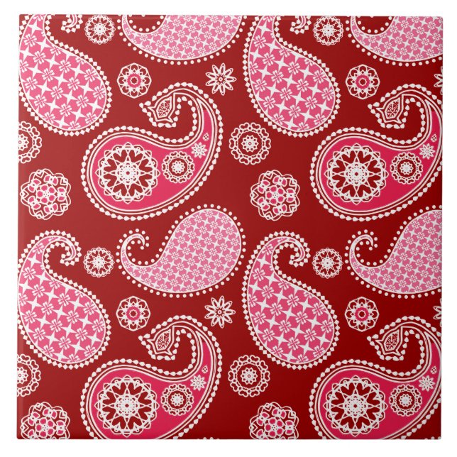 Paisley mönster, Mörk Red, Rosa and White Kakelplatta (Framsidan)