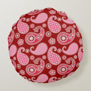 Paisley mönster, Mörk Red, Rosa and White Rund Kudde