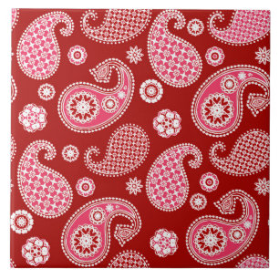 Paisley Mönster, Mörk Red, White and Coral Rosa Kakelplatta