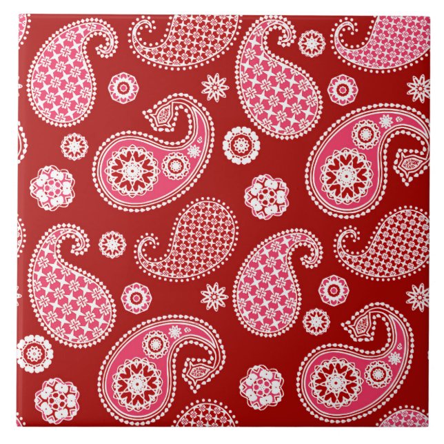 Paisley Mönster, Mörk Red, White and Coral Rosa Kakelplatta (Framsidan)