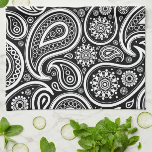 Paisley Mönster, Persian Paisley, Black and White Kökshandduk