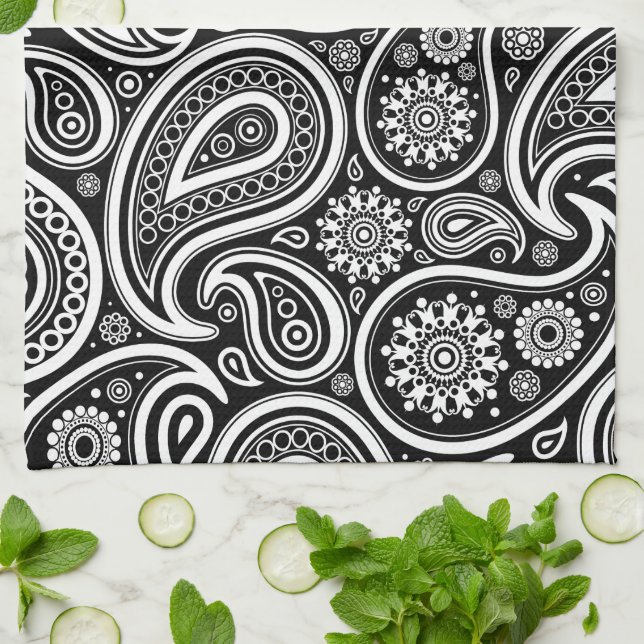 Paisley Mönster, Persian Paisley, Black and White Kökshandduk (Vikta)
