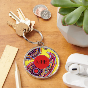 Paisley Mönster, Persian Paisley, Boteh, Monogram Rund Silverfärgad Nyckelring