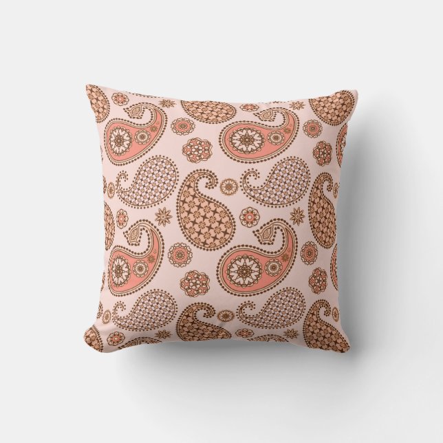 Paisley mönster, persikor och korall rosa kudde (Framsida)