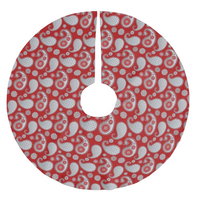 Paisley mönster, Silver Grått / Grått på Deep Red Julgransmatta Borstad Polyester (Framsidan)