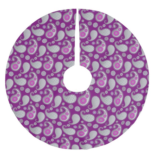 Paisley mönster, Silver Grått / Grått på djup Lila Julgransmatta Borstad Polyester (Framsidan)