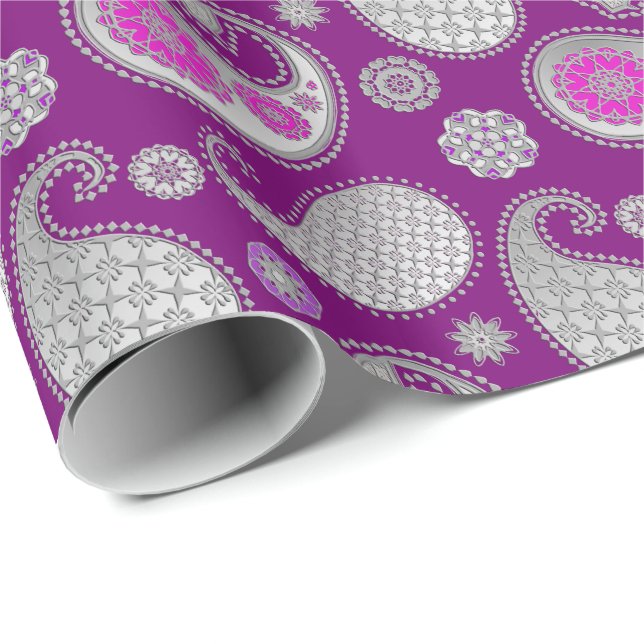 Paisley mönster, Silver Grått / Grått på djup Lila Presentpapper (Rullad Hörn)