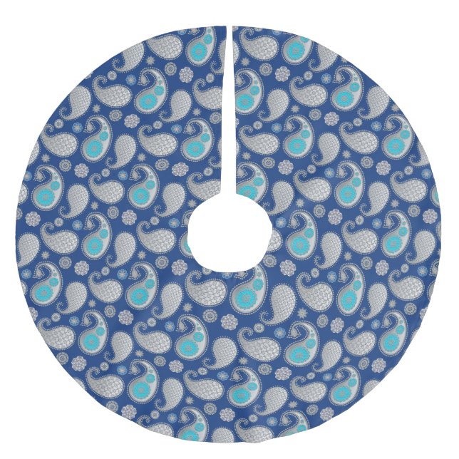 Paisley mönster, Silver Grått / Grått på koboltblå Julgransmatta Borstad Polyester (Framsidan)