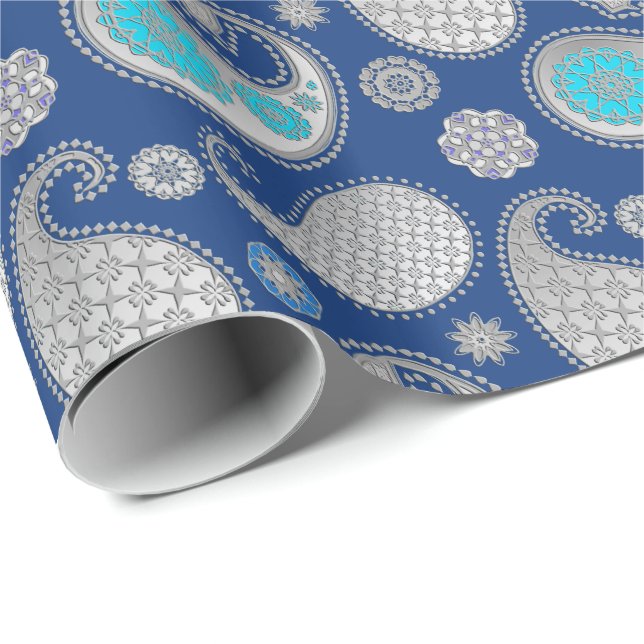 Paisley mönster, Silver Grått / Grått på koboltblå Presentpapper (Rullad Hörn)