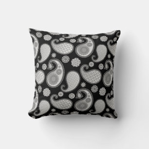 Paisley mönster, Silver Grått / Grått på svart Kudde