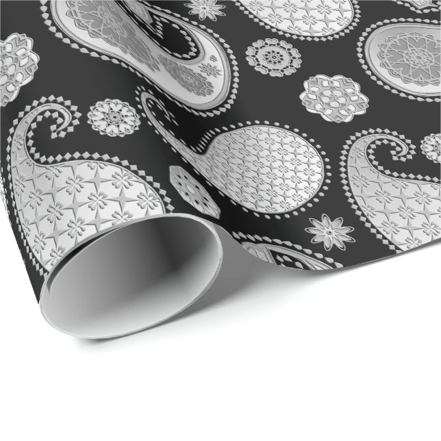 Paisley mönster, Silver Grått / Grått på svart Presentpapper (Rullad Hörn)