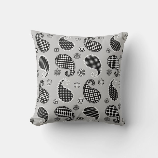 Paisley mönster, silver grått, svartvitt kudde (Framsida)