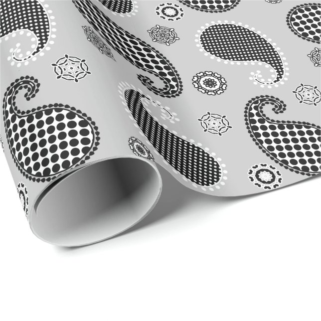 Paisley mönster, silver grått, svartvitt presentpapper (Rullad Hörn)