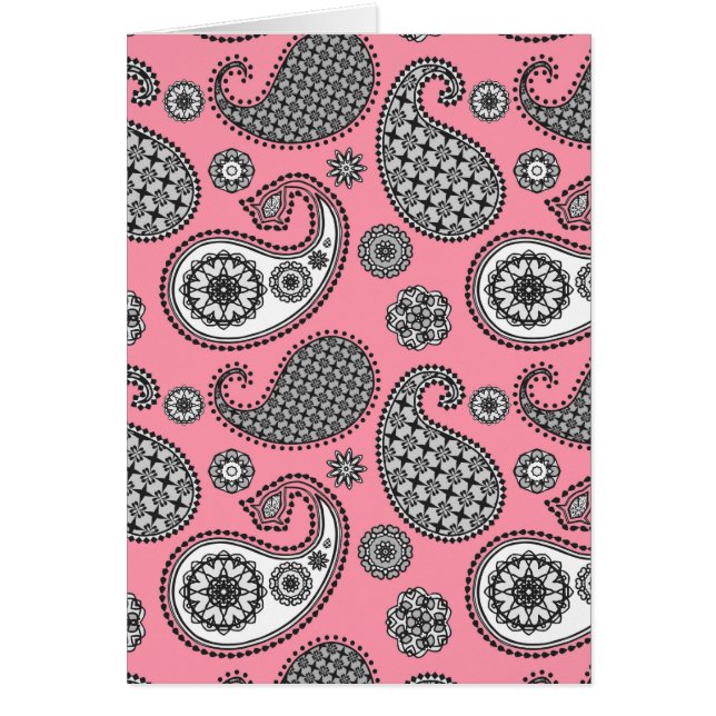 Paisley mönster, skuggor av grått på rosa hälsningskort (Framsidan)
