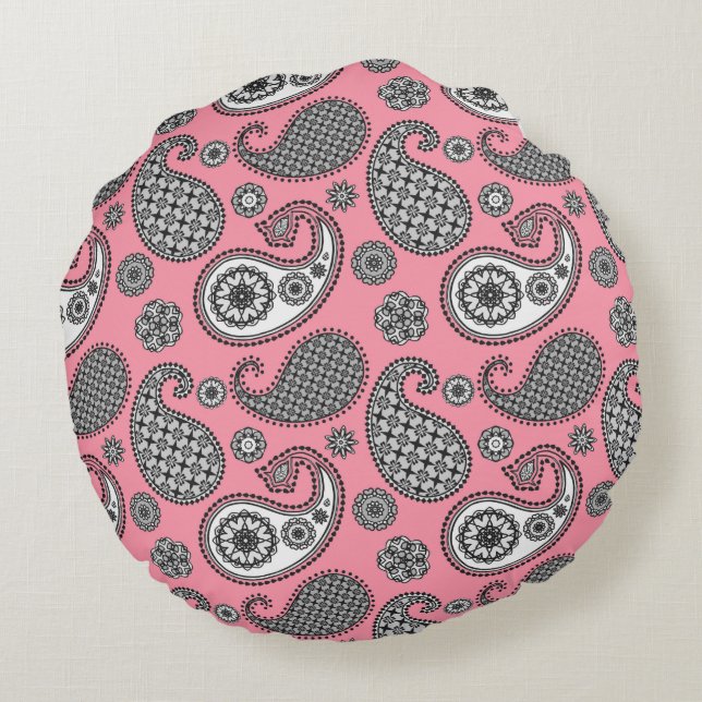 Paisley mönster, skuggor av grått på rosa rund kudde (Baksidan)