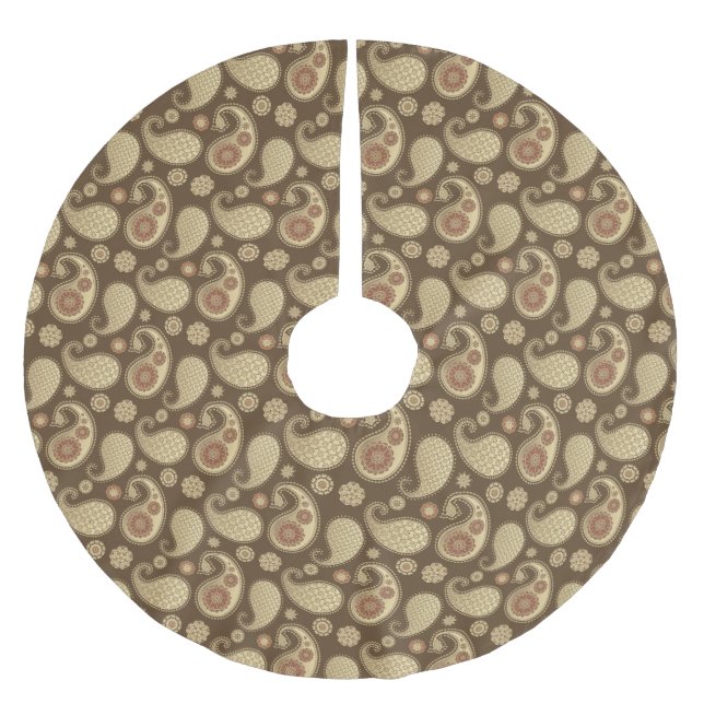 Paisley mönster, Soft Guld på Chocolate Brown Julgransmatta Borstad Polyester (Framsidan)